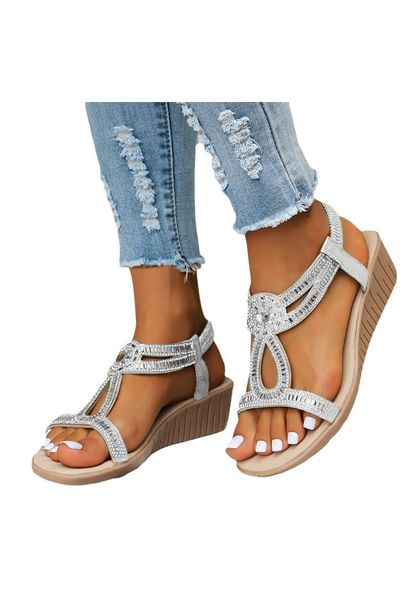 Womens Wedge Sandals Open Toe Boho Rhinestone Summer Dress Shoes Elastic Ankle Strap Wedges
