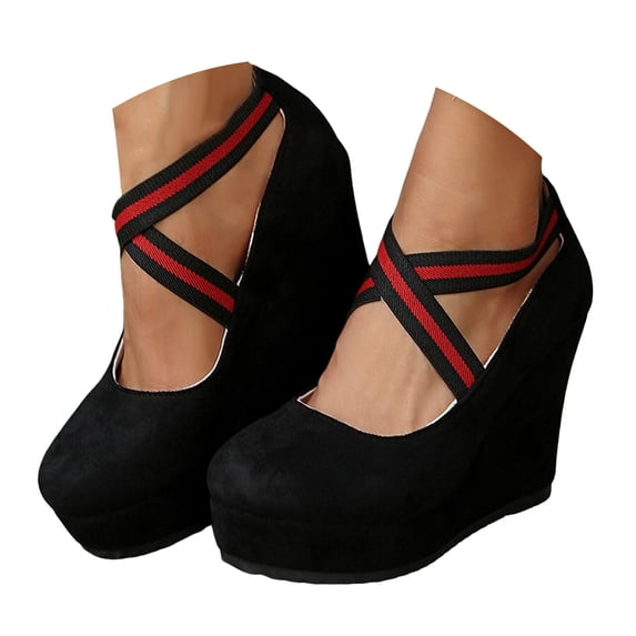 IUJSOY Womens Wedges Heels Elastic Crisscross Strap Chunk Platform Pumps Shoes Suede Dress Shoes