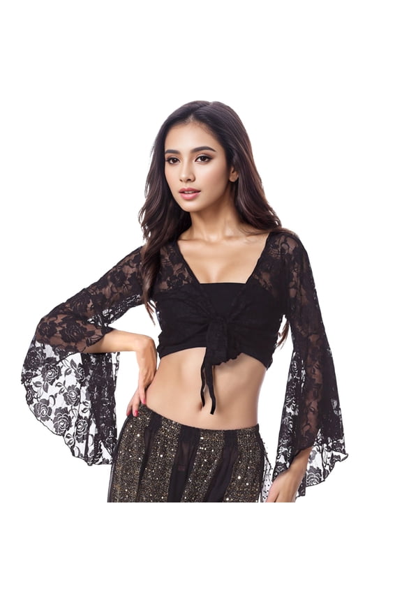 Wrap Bell Long Sleeve for Women Floral Lace Tie Front Crop Cardigan Belly Dance