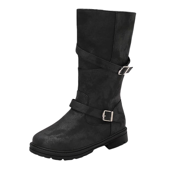 Mostsola Zipper Mid Calf Boots for Women Fashion Buckle Motorcycle Boots Round Toe Flat Riding Booties