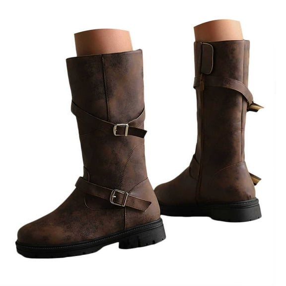 Mostsola Zipper Mid Calf Boots for Women Fashion Buckle Motorcycle Boots Round Toe Flat Riding Booties
