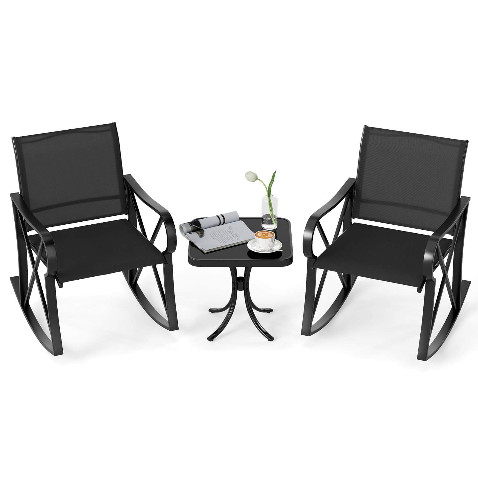 IUKRYU 3 Piece Patio Rocking Chair Set with Side Table, Outdoor Metal ...