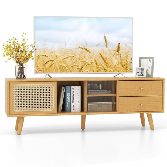 IUKRYU 55" TV Stand (Natural Bamboo), Mid-Century Entertainment Center with 2 Drawers & 3-Position Adjustable Shelf, Bamboo Rattan Glass 285lbs Capacity for 65" TV