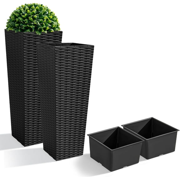 IUKRYU Set of 2 Resin Rattan Tall Planters, Weather-Resistant Large Tapered Outdoor Flower Pots with Drainage Holes & Inner Trays for Garden, Patio, Porch, Backyard (Black, 24'')
