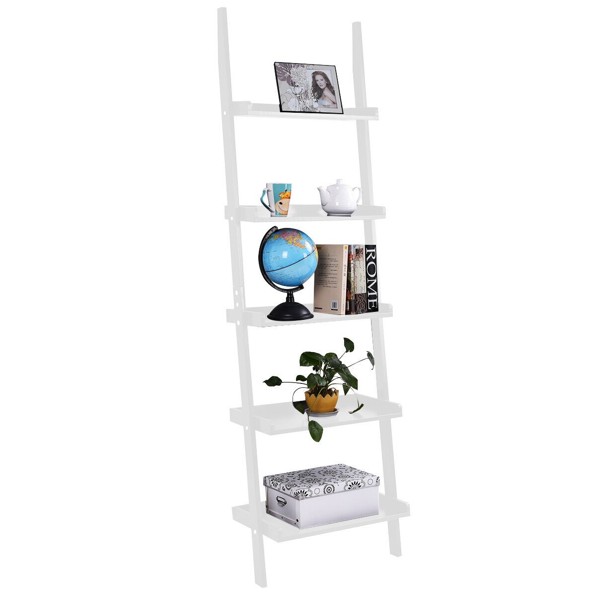 Mdf Ladder Rack IUKRYU white 5-layer inclined ladder bookshelf 22x12.8x74.8-inch MDF ...