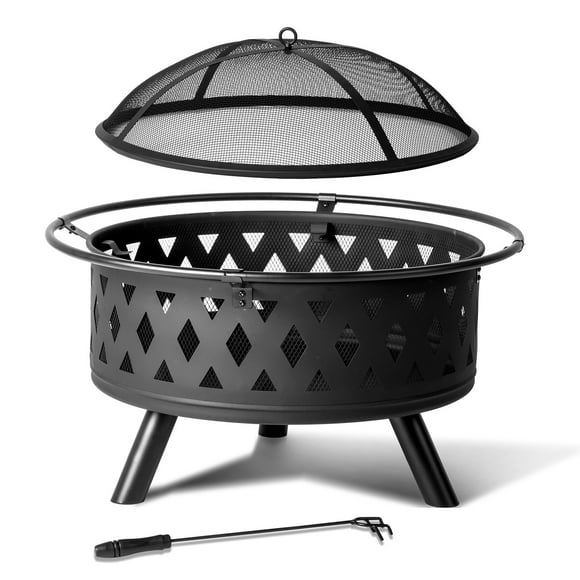 IUKRYU32" Outdoor Metal Fire Pit - Wood Burning, Patio Heater with Spark Screen and Fire Poker, Black