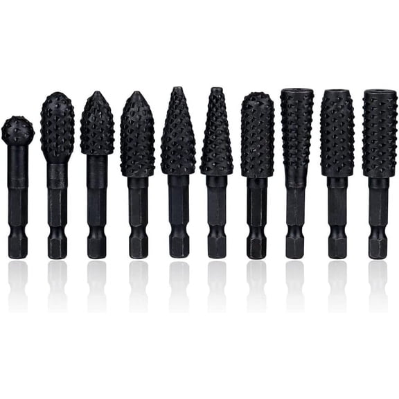 IULAVP 10 Pieces Rotary Burr Rasp Set, 1/4 Inch Hex Shank Quick Change Wood Carving Drill Bits Carbon Steel File Rasp DIY Woodworking Tool for Wood Plastic Engraving Polishing Grinding