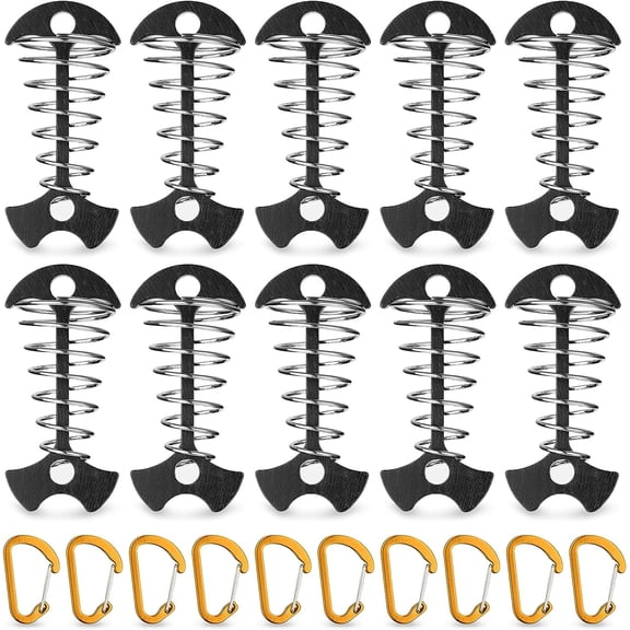 IULAVP 10PCS Black Fishbone Deck Anchor Pegs with Carabiners, Aluminium Deck Tie Down Tent Stakes, Windproof Tent Rope Tighteners with Spring Buckle, Outdoor Camping Hiking Cord Adjuster Tensioners