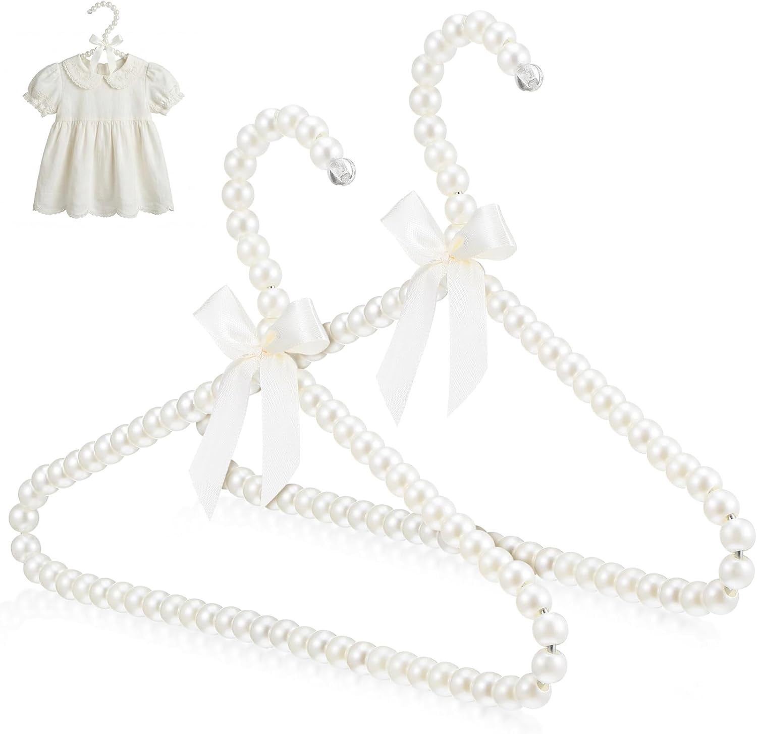 IULAVP 2 Pack Pearl Beaded Hangers for Kids, 11.8 x 7.5 Inch Plastic Baby Clothes Hangers with Bow, Non Slip Toddler Nursery Closet Organizer for Girl Dress, Dog Pet Apparel (White)