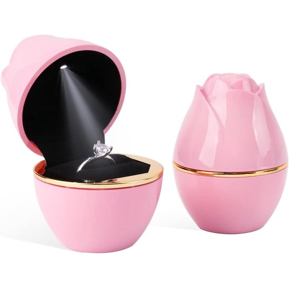 IULAVP Pink Ring Box with LED Light Rose Jewelry Ring Case Jewellry Display Gift Boxes for Mother's Day Wedding Ring Box Ceremony Engagement Proposal Anniversary