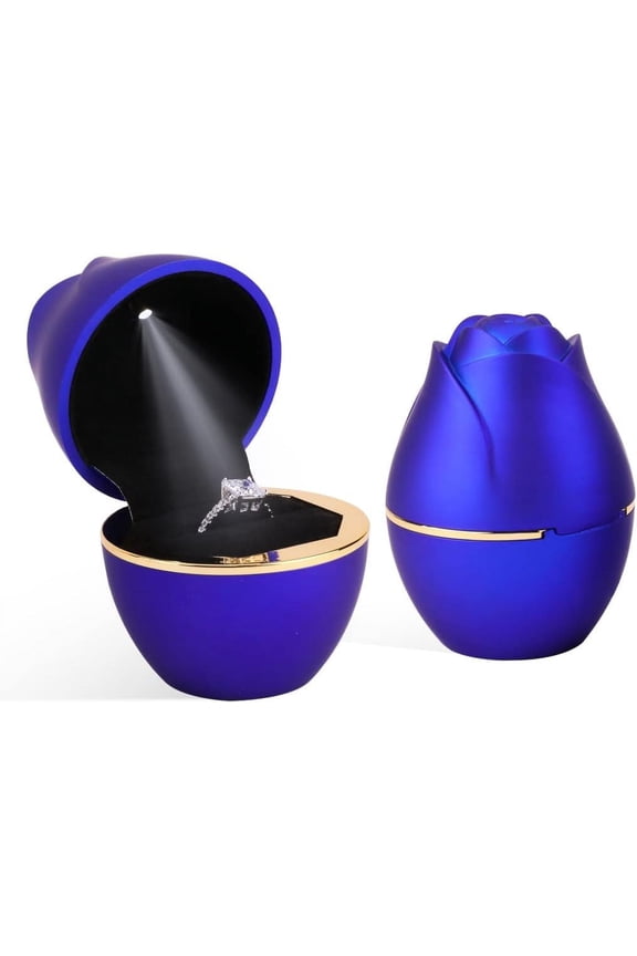 Royal Blue Ring Box with LED Light Rose Jewelry Ring Case Jewellry Display Gift Boxes for Mother's Day Wedding Ring Box Ceremony Engagement Proposal Anniversary