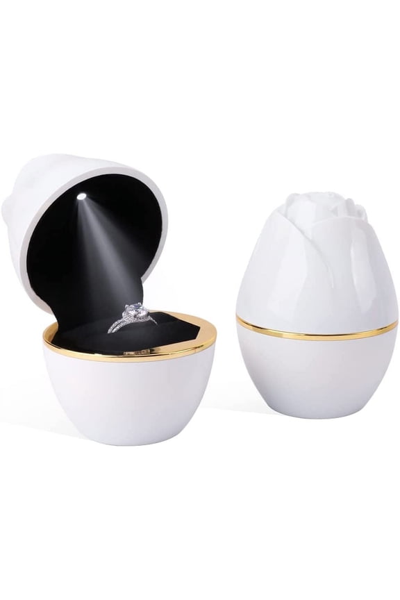 White Ring Box with LED Light Rose Jewelry Ring Case Jewellry Display Gift Boxes for Mother's Day Wedding Ring Box Ceremony Engagement Proposal Anniversary (White)