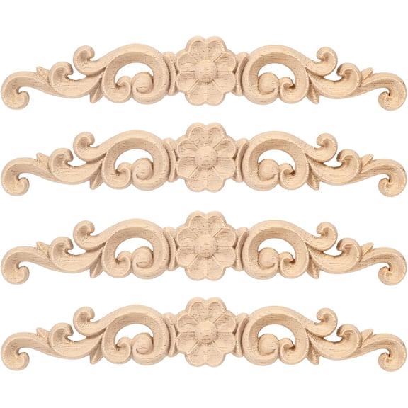 IULAVP Wood Appliques 4 Pcs 6.3 Inch Unfinished Floral Carved Furniture Onlays, Decorative Wooden Trim for Cabinets, Beds, Wardrobes, Doors, DIY Crafts and Home Decor
