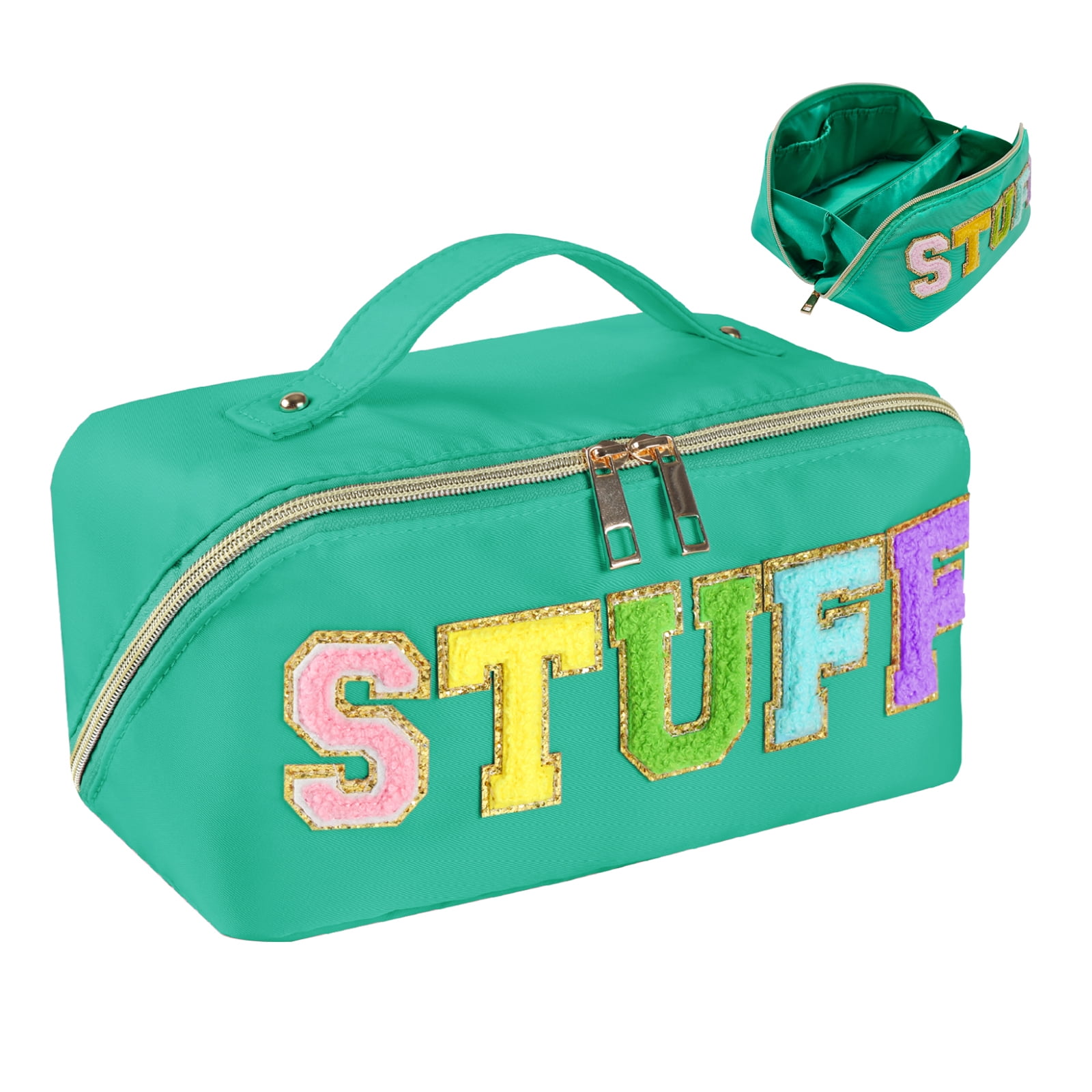 IULONEE Stoney Clover Preppy Makeup Bag Wide Open Chenille Letter Nylon