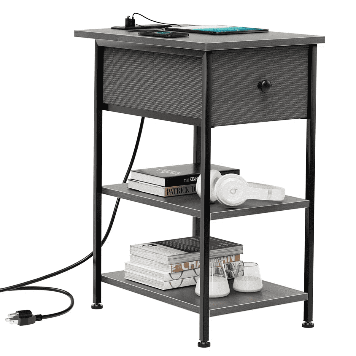 IULULU 12inch Nightstand with Shelves and Charging Station, Flip Top ...