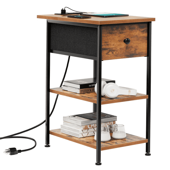 IULULU 12inch Nightstand with Shelves and Charging Station, Flip Top Side Table with USB Ports and Outlets for Home, Rust Brown