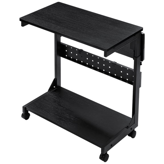 IULULU 2-Tier Tower Stand, Height Adjustable PC Stand, Computer Cart with Folding Panel, Side Table with Wheels, Pegboard, Hooks and Mouse Pad,Black