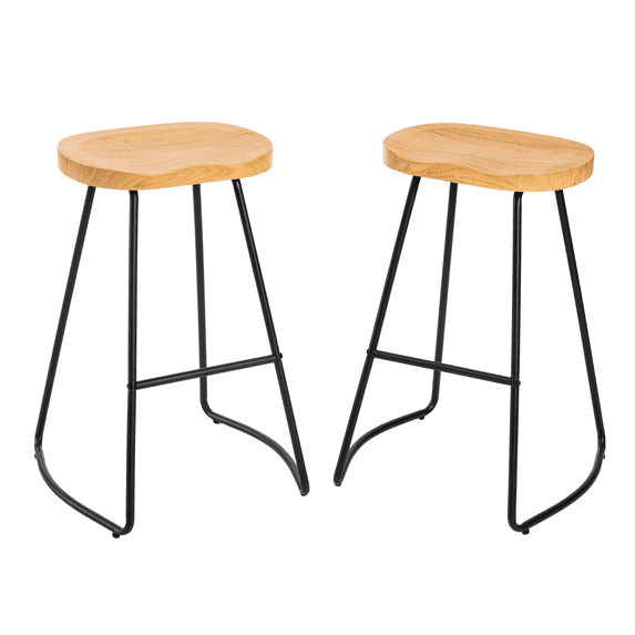 IULULU 26inch Barstool Chair 2P, Rustic Saddle, Seat Backless Stools with Metal Leg for Kitchen Island, Wood