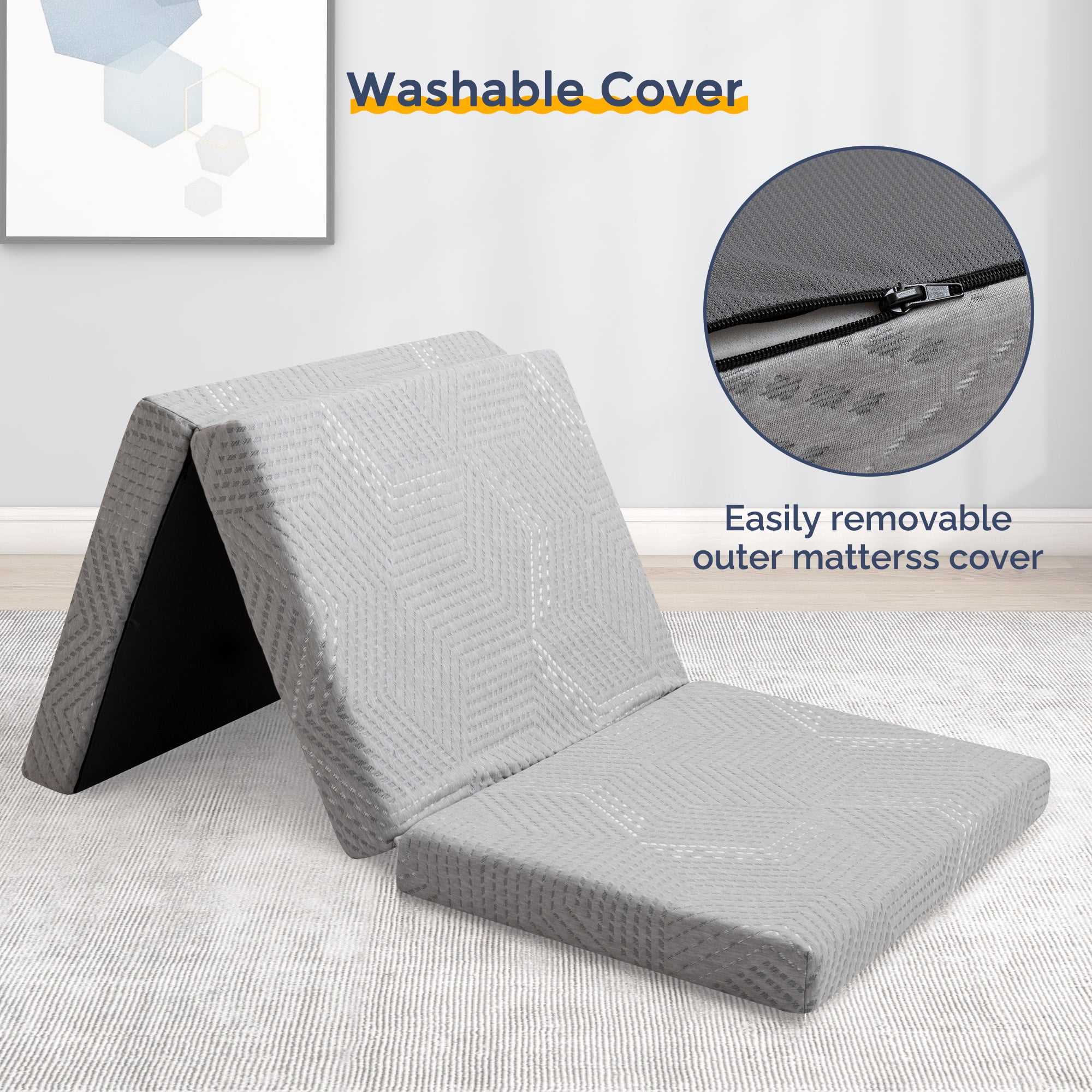 IULULU 4inch Tri Folding Memory Foam Mattress with Removable Cover