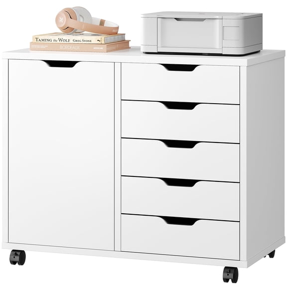 IULULU 5-Drawer Rolling File Cabinet with Wheels - Mobile Wood Storage Organizer & Adjustable Printer Stand for Home Office, White