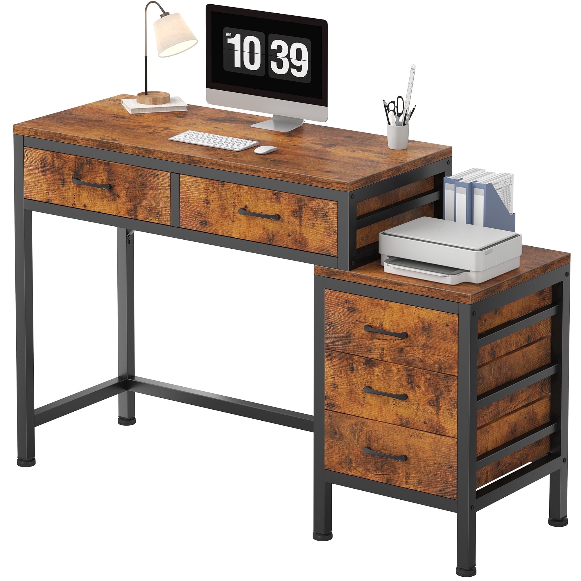 IULULU 51inch Computer Desk with 5 Drawers, Woodtop Desk of Small Spaces, Modern Style for Home Office, Rust Brown