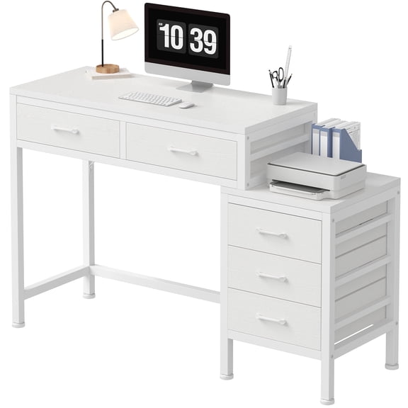 IULULU 51inch Computer Desk with 5 Drawers, Woodtop Desk of Small Spaces, Modern Style for Home Office, White