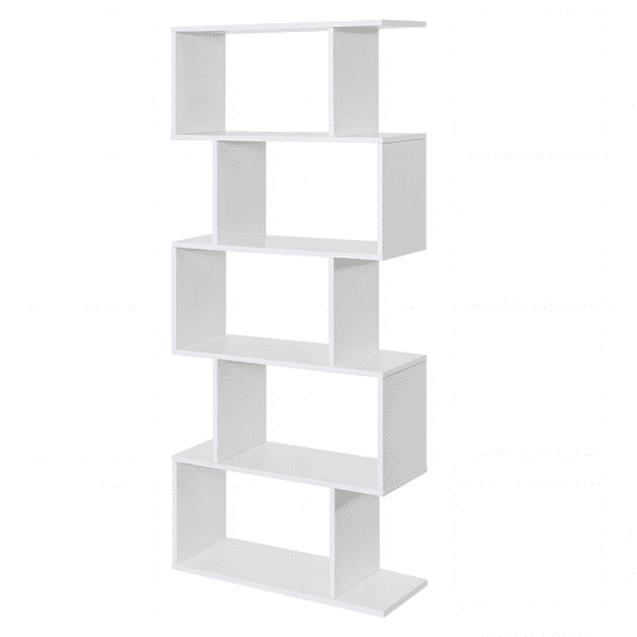 IULULU 62" Geometric Bookcase, 5-Tier S-Shaped Modern Bookshelf, Tall Room Divider Shelf for Living Room, Bedroom, Home Office, Hallway, White
