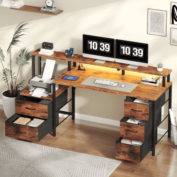 IULULU 67'' Computer Desk with 4 Drawer, Printer Cabinet and Power Outlet,Rustic Brown