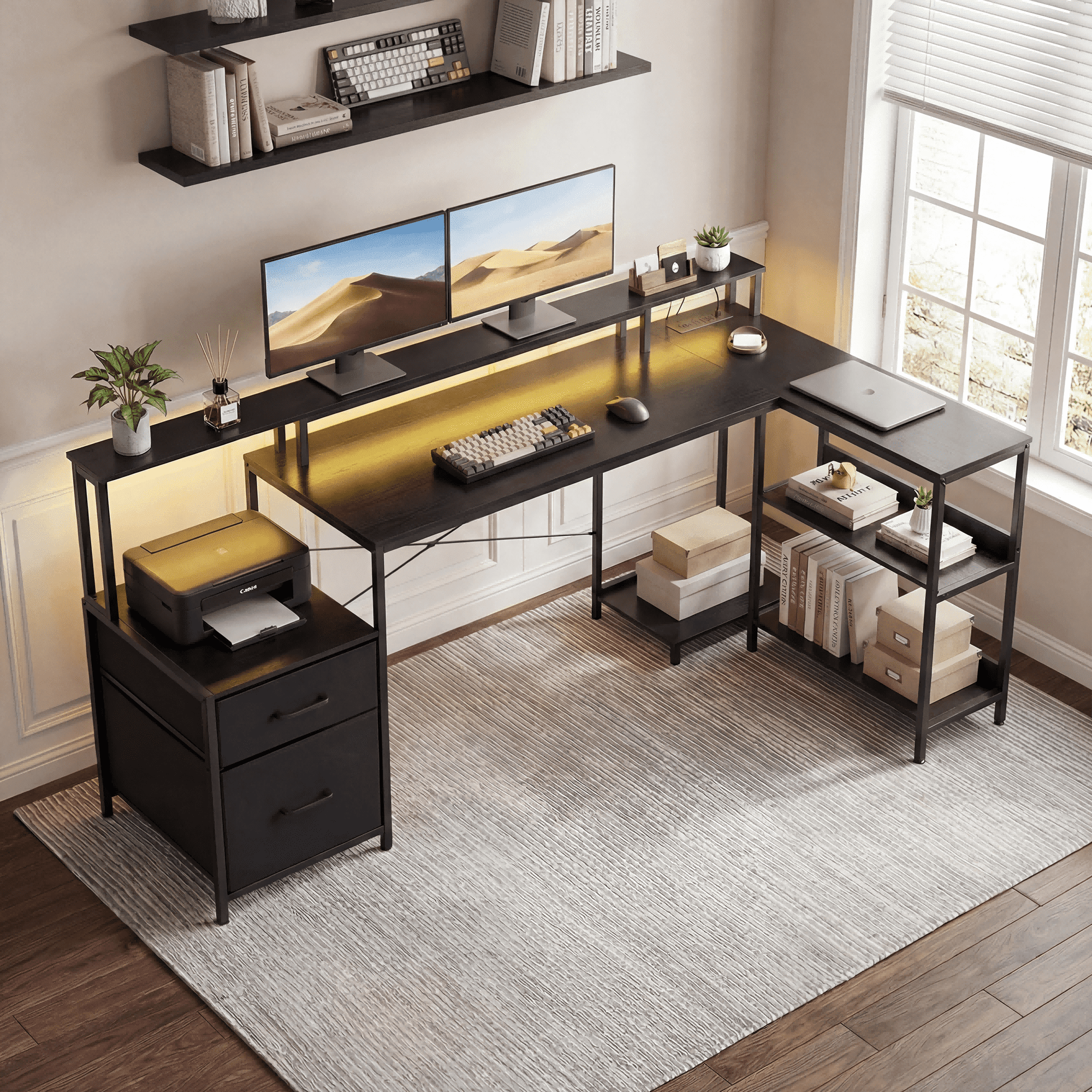 IULULU 75" Reversible L-Shaped Gaming Desk with Power Outlet and LED Strip, Computer Desk with Storage Shelves for Home Office, Black