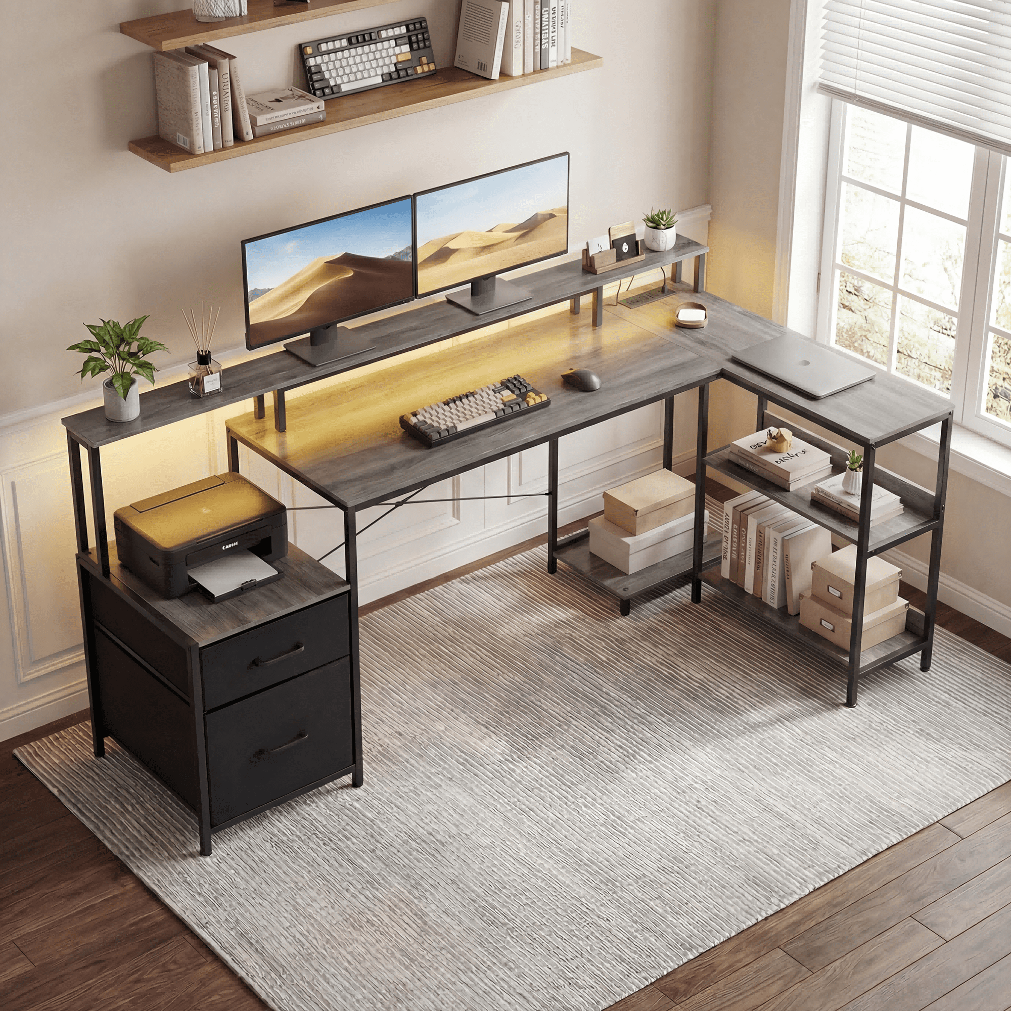IULULU 75" Reversible L-Shaped Gaming Desk with Power Outlet and LED Strip, Computer Desk with Storage Shelves for Home Office, Gray