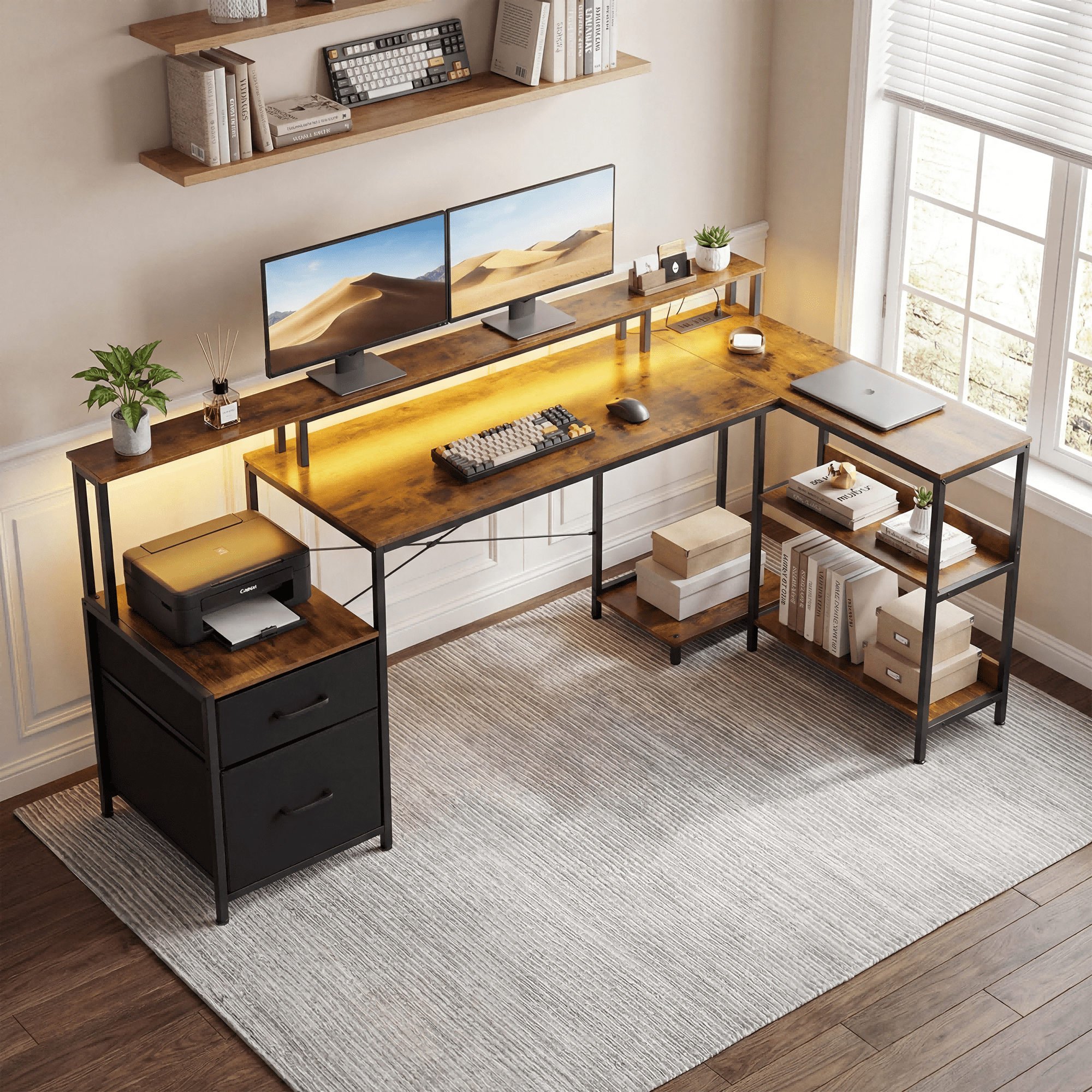 IULULU 75" Reversible L-Shaped Gaming Desk with Power Outlet and LED Strip, Computer Desk with Storage Shelves for Home Office, Rust