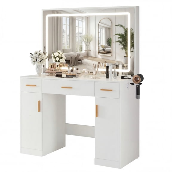 IULULU LED Large Mirror Dressing Table with 3 Drawers & 2 Doors, Modern Vanity Desk with Lights and Storage Cabinet, Makeup Table Set for Bedroom, White