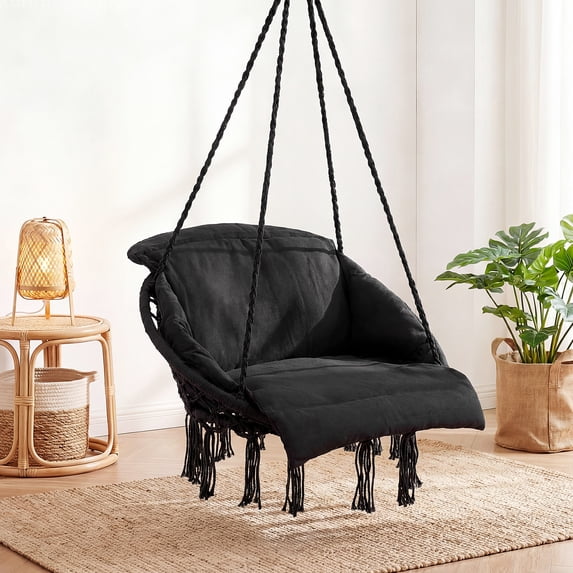 IULULU Single Hammock Hanging Chair with Oversized Padded Cushion Hammock Swing,Black