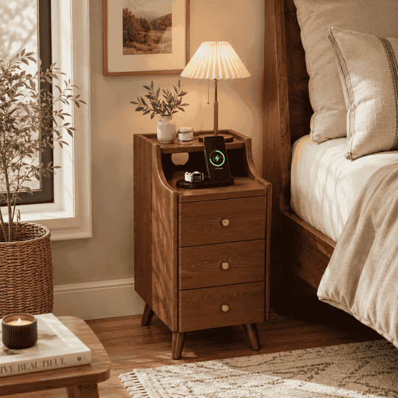 IUNVR Solid Rubberwood Narrow Nightstand, 11.8" Slim Bedside Table with 3 Drawers, Mid-Century Modern Storage End Table for Adults & Teens, Bedroom & Small Spaces