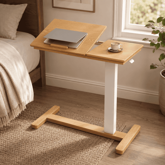 IUNVR Solid Wood Rolling Side Table, Adjustable Height End Table with Tilting Top and 360 Wheels for Sofa, Bedroom and Home Office