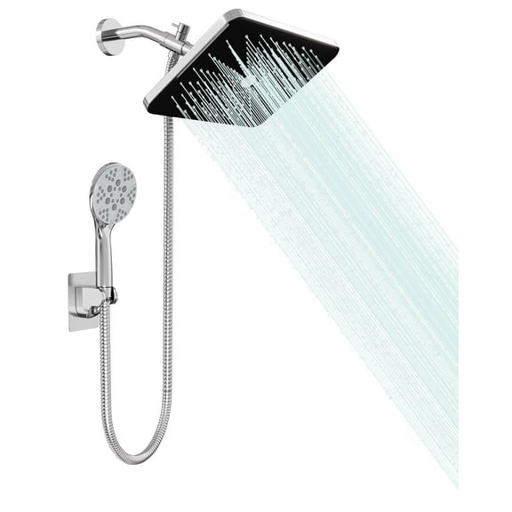 IUSU 11.8" Shower Head Set High Pressure Rainfall Rain Shower Head 8-Setting Handheld with Hose Silver