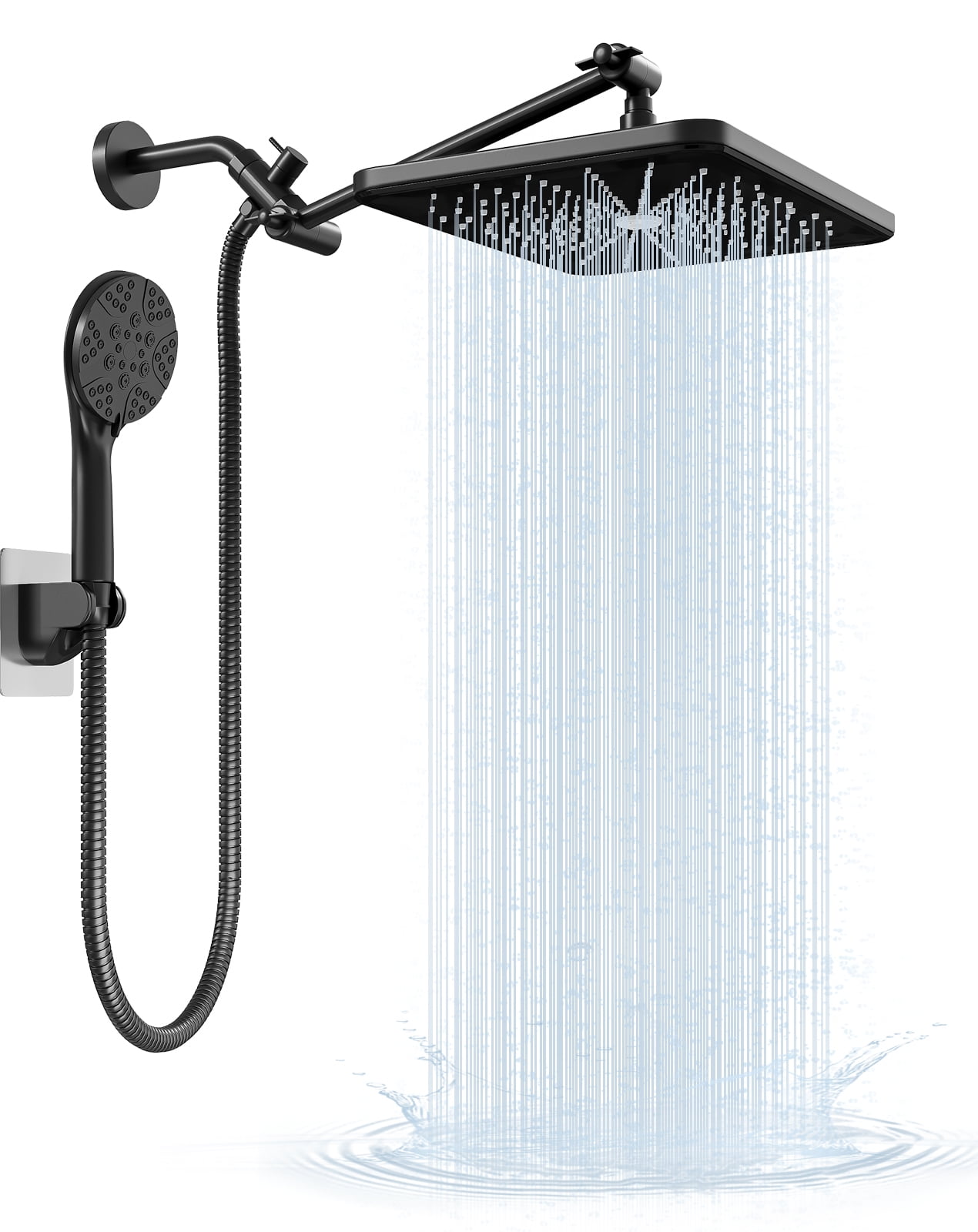 IUSU 12 inch Rain Shower Head, 8-Setting High Pressure Shower Head with Handheld and Hose Black