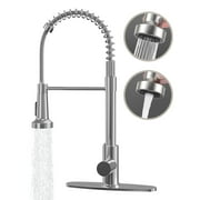 IUSU 20in Kitchen Faucet with Pull Down Sprayer, Brushed Nickel Commercial Spring Kitchen Sink Faucet Single Handle Pull Out Sink Faucets with Deck Plate Suit to 1 or 3 Holes Silver