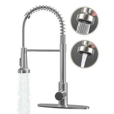 IUSU 20in Kitchen Faucet with Pull Down Sprayer, Brushed Nickel Commercial Spring Kitchen Sink Faucet Single Handle Pull Out Sink Faucets with Deck Plate Suit to 1 or 3 Holes Silver