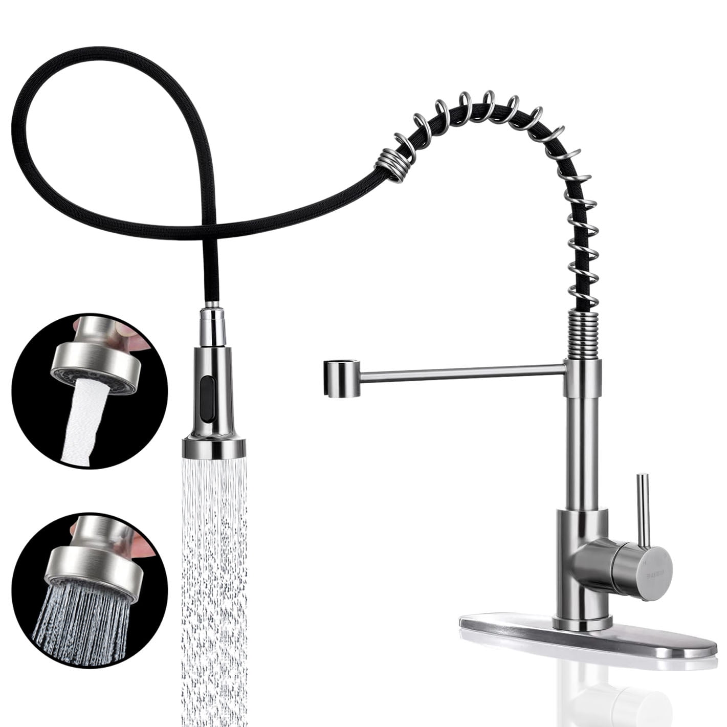 IUSU 20in Kitchen Faucet with Pull Down Sprayer, Brushed Nickel Commercial Spring Kitchen Sink Faucet Single Handle Pull Out Sink Faucets with Deck Plate Suit to 1 or 3 Holes Silver