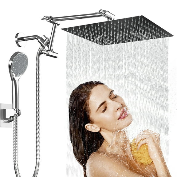 IUSU 5-Setting High Pressure Shower Head 12 inch Rain Shower Head with Handheld and Hose silver