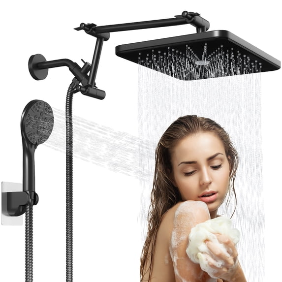 IUSU 8-Setting High Pressure Shower Head 12 inch Rain Shower Head with Handheld and Hose Black