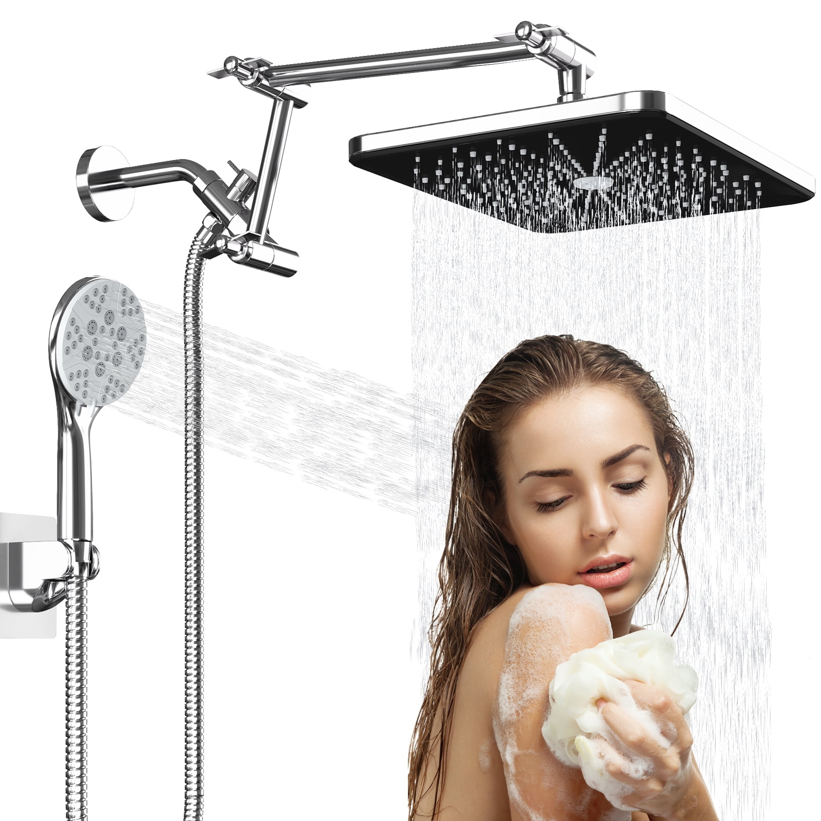 IUSU 8-Setting High Pressure Shower Head 12 inch Rain Shower Head with Handheld and Hose Black