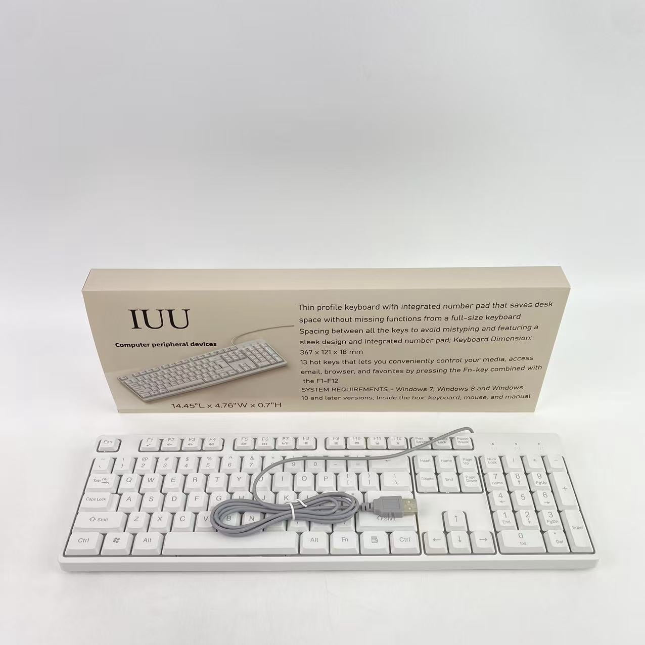 IUU Computer peripheral devices,Wired Quiet USB Keyboard - 14.45x4.76x0.70 Inches - Compact Design with Number Pad - White - US English