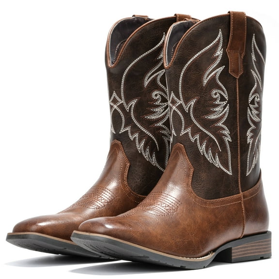 IUV Cowboy Boots For Men Square Toe Western Boot Slip Resistant Embroidered Pull On Boot