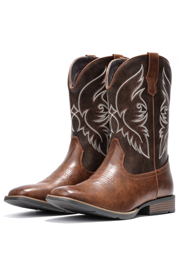 IUV Cowboy Boots For Men Square Toe Western Boot Slip Resistant Embroidered Pull On Boot