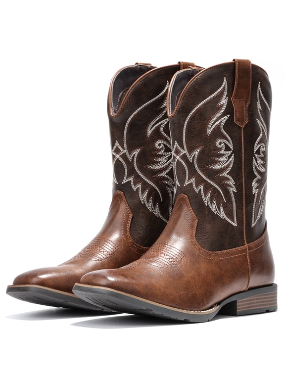 IUV Cowboy Boots For Men Square Toe Western Boot Slip Resistant Embroidered Pull On Boot