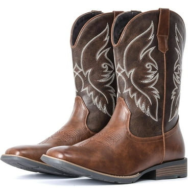 IUV Cowboy Boots For Men Square Toe Western Boot Slip Resistant Embroidered Pull On Boot