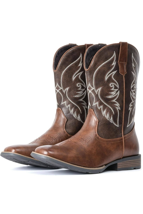 IUV Cowboy Boots For Men Square Toe Western Boot Slip Resistant Embroidered Pull On Boot