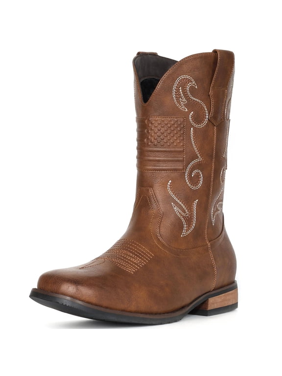 Cowboy Boots For Men Western Boot Classic American Flag Embroidered Square Toe Mid-Calf Boots